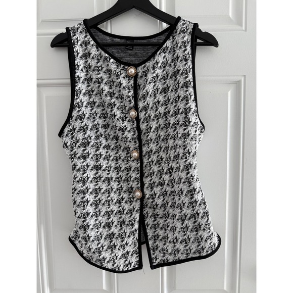 SHEIN Jackets & Blazers - Shein Houndstooth Tweed Vest Black White Pearl Button Sleeveless Knit Top Large
